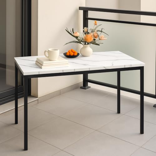 FurnitureR Tables à Service de Jardin en Imitation Marbre Blanc, pour 4 à 6 Personnes, Plateau en Bois Epais avec Structure Métallique, pour Terrasse, Patio, Salle à Manger, Garden, 120 x 70 x 75cm