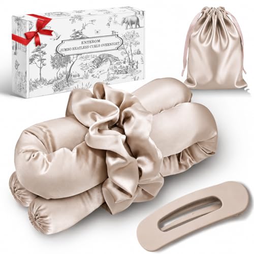 EnteromMuse Jumbo Heatless Curls Overnight Heatless Hair Curler Oversized Heatless Curling Rod No Heat Damage Hair Curler for Voluminous Curls Rollers & Curls Set with Satin Fabric(Beige Jumbo)