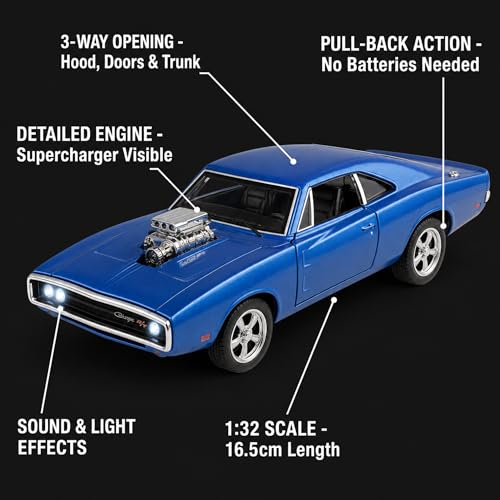 Image of Dodge Charger 1:32 Scale Die Cast Metal Car - Pull Back Classic Muscle Model with Openable Doors, Hood & Trunk, Lights & Sound, Collectible Showpiece for Kids 6+ & Car Enthusiasts