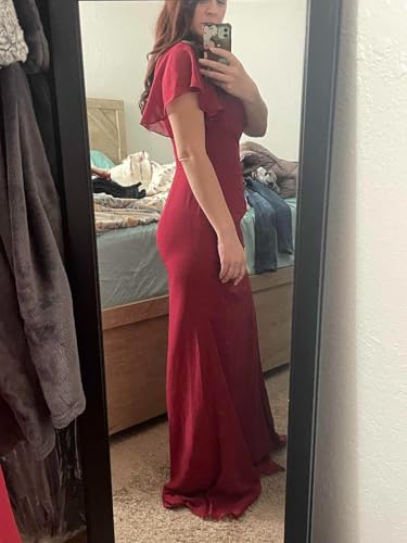 Image of Womens Elegant Bridesmaid Dresses Long with Ruffles Empire Waist Pleated V Neck Dusty Sage Formal Dress for Wedding with Slit US Size 8