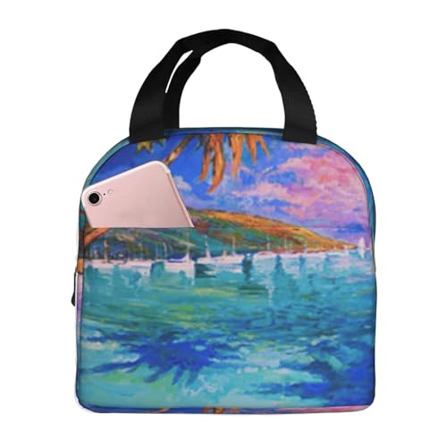 断熱ランチバッグ 大容量 防水 熱漏れ防止 おしゃれで丈夫 仕事、学校、アウトドア活動に便利 男女兼用 (抽象的なオリジナル油絵 美しいターコイズブルーの水 ヤシの海 木)