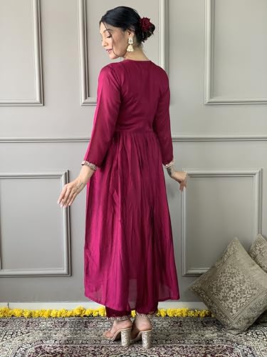 Image of Naixa Women's Vichitra Silk Embroidered Flared Kurta with Pant and Dupatta Sets (S-Sameera)
