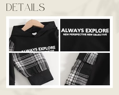Image of OLMRJKD Toddler Baby Boy Clothes Plaid Long Sleeve Hoodie Sweatshirt + Pants 2pcs Boys Outfit Set