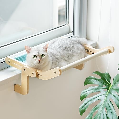 MEWOOFUN Cat Window Perch Lounge Mount Hammock Window Seat Bed Shelves for Indoor Cats No Drilling No Suction Cup (Blue/Grey)