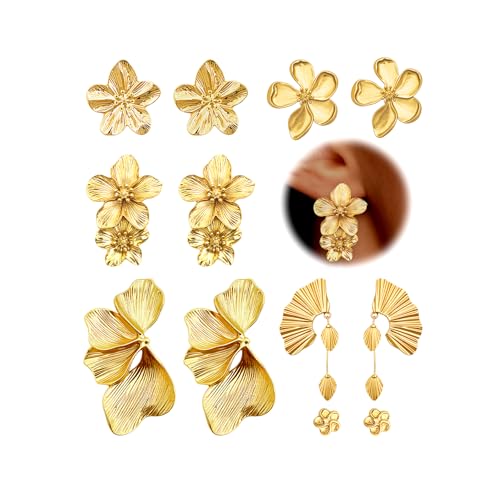 Gold Flower Chunky Earrings for Women Statement Floral Leaf Earrings Fashion Large Irregular Earring Big Fall Flower Stud Dangle Earring Set