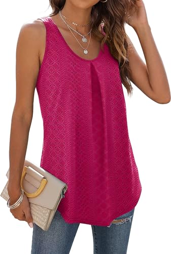 WIHOOL Ladies Tops Scoop Neck Summer Vest Tops Women UK Sleeveless Eyelet Embroidery Tank Shirt Hot Pink XL