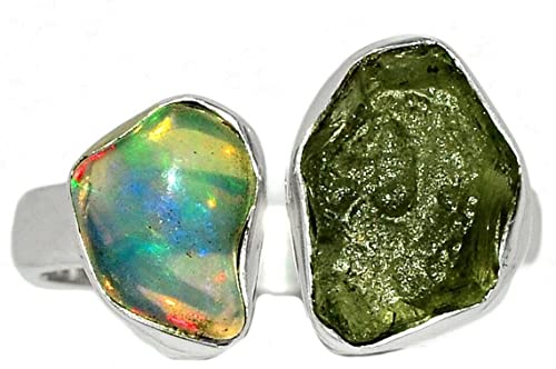 Rough Moldavite Ring & Ethiopian Opal Ring Natural Gemstone 925 Solid Sterling Silver Handmade Jewelry Ring