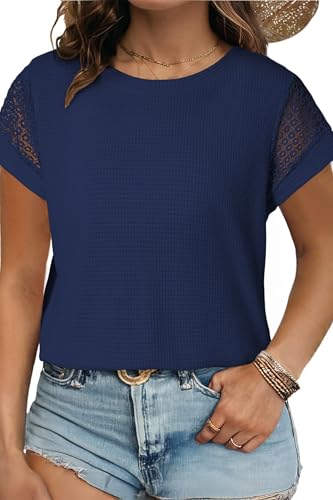 Image of Eytino Plus Size Tops for Women Waffle Knit T-Shirts Round Neck Short Sleeve Casual Loose Basic Tee Blouses(1X-5X)