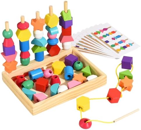Montessori Bead Sequencing Set for Kids, Wooden Lacing Beads Toys...