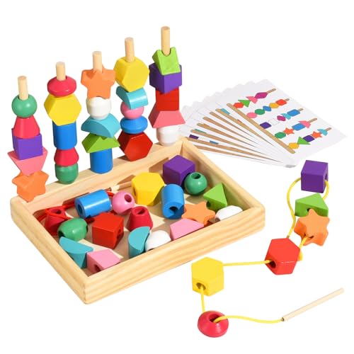 Montessori Bead Sequencing Set for Kids, Wooden Lacing Beads Toys for Toddlers, Matching Color Shape Stacker for 2 3 4 5 Years Old, Preschool Learning Educational Toys Gifts