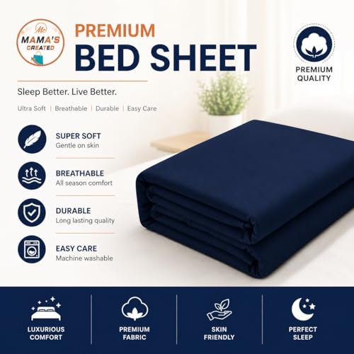 Image of King Size Bed Sheet - 600 Thread Count Single Flat Sheet Only - Long Staple Egyptian Cotton Top Sheet Wrinkle & Fade Resistant - Navy Blue