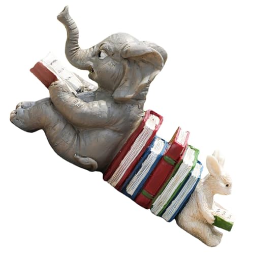 BESTonZON 樹脂製象とウサギの読書ブックエンド インテリア用卓上装飾品 屋内外対応の園飾り 動物置物としてのガーデニング用品