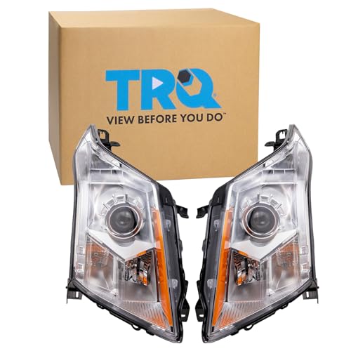 TRQ Driver and Passenger Side Headlight Assembly Set Compatible with 10-16 Cadillac SRX Halogen Only