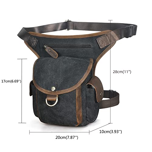 Le'aokuu Men Canvas and Genuine Leather Messenger Waterproof Shoulder Bag Motorcycle Tactic Fanny Belt Waist Bag Pack Pouch Drop Leg Bag 9938 (Black) - Image 2