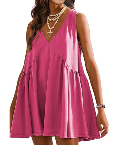 Image of Women's Summer V Neck Sleeveless Mini Dress Casual Loose Pleated Swing Flowy Sundress with Pockets Rose Red