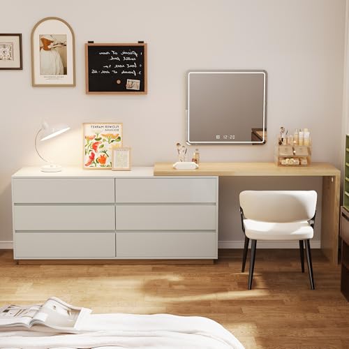 gaoyangjiaju Wooden Mid-Century Modern Vanity Desk, 56”-98.5” Width Extendable L-Shaped Makeup...