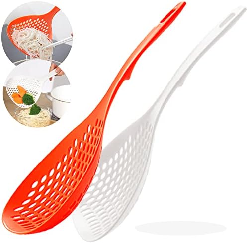 FFUWERG Colander Strainer Sifter Soup Ladle, Large Scoop Draining Pasta Strainer Slotted Spoon Strainers for Kitchen Food Utensils, Duty Handles Mesh Collander Heat Resistant Skimmer(White&Orange)