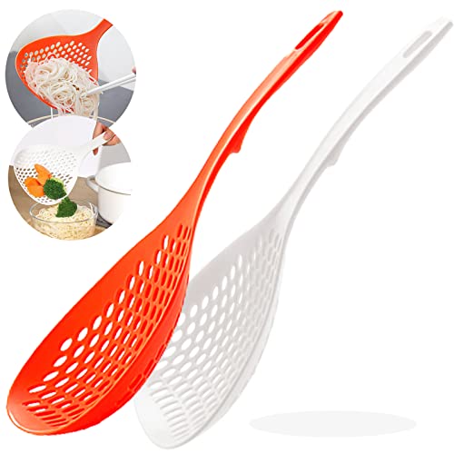 Ffuwerg Colander Strainer Sifter Soup Ladle, Large Scoop Draining Pasta Strainer Slotted Spoon Strainers For Kitchen Food Utensils, Duty Handles Mesh Collander Heat Resistant Skimmer(White&Orange) #TOP23