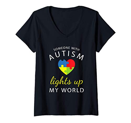 Mujer Autismo ilumina mi mundo corazón rompecabezas Camiseta Cuello V