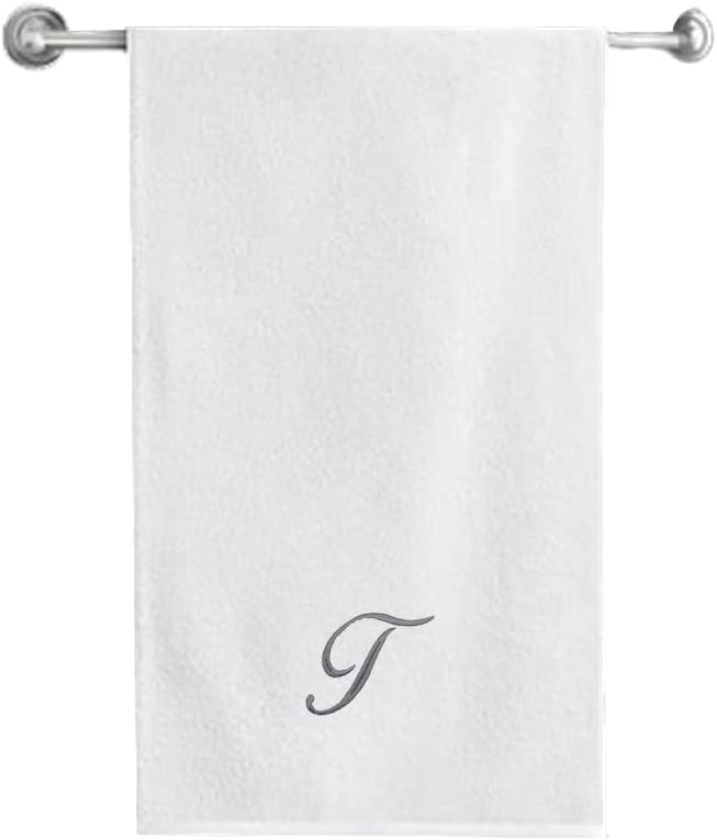 BYFT Embroidered For You (White) Luxury Monogrammed Bath Towel (70 x 140 Cm -Set of 1) 100% Cotton, Highly Absorbent and Quick dry, Classic Hotel and Spa Quality Bath Linen -600 Gsm (Silver Letter T)