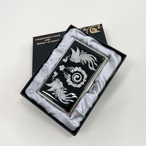 Image of Mother of Pearl Business Card Case Credit Id Name Holder Travel Wallet Art Painting Design Metal Stainless Steel Engraved Slim Purse Pocket Cash Money Wallet (Phoenix)