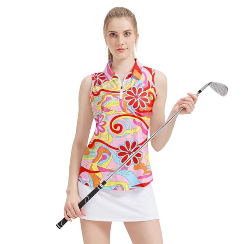 70s Flower Women's Sleeveless Golf Shirt with Zip Up Summer Sports Athletic Quick Dry Tank Tops Polo Shirts for Women Golf Apparel Clothes