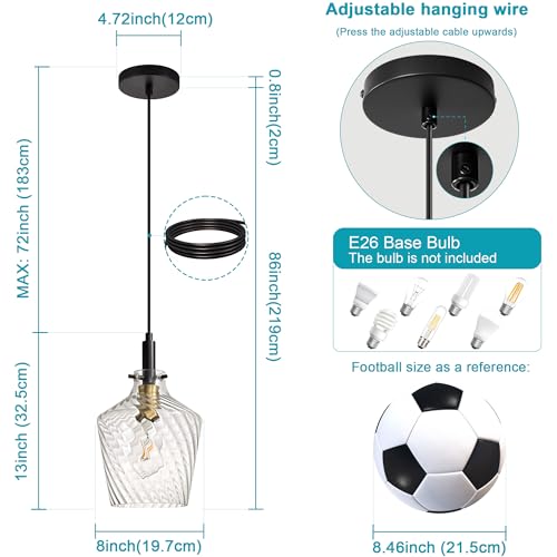 Image of Stripes Clear Glass Pendant Light for Kitchen Island Black Gold 8 Inch | Adjustable cord Dimmable, E26 bulbs, Rust-resistant Damp Rated For Bathrooms, 5-Year Manufacturer Warranty, UL Certification