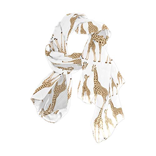Brown Adult Giraffe and Baby Giraffe Family On White Women Long Silk Scarf, Shawl Chiffon Large Stole Headscarf, Lightweight Sunscreen Satin Scarves Wraps for Wedding Party Gift