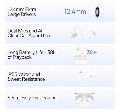 Image of Original Buds 2R Compatible for OnePlus Nord TWS in-Ear Earbuds with Mic, Powerful 12.4mm Drivers, Up to 38H Total Playback - White