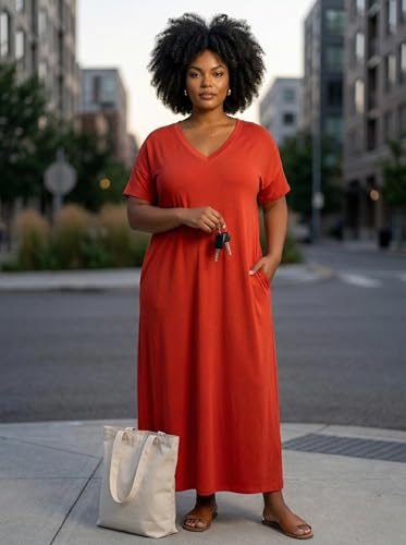 Image of SUZONANA Women Casual T-Shirt Dress V Neck Short Sleeve Solid Color Oversize Dress with Front Two Pockets