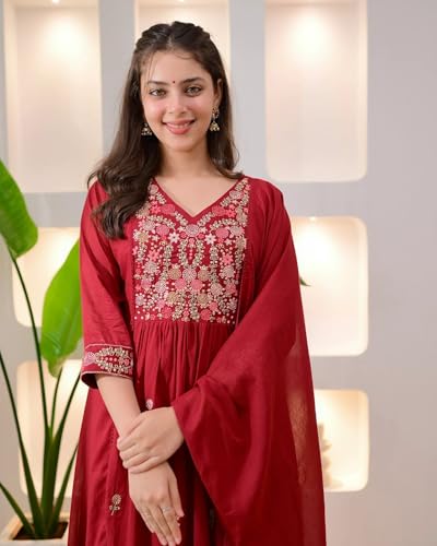 Image of KLOSIA Women Embroidery Solid Anarkali Kurta and Pant Set with Dupatta