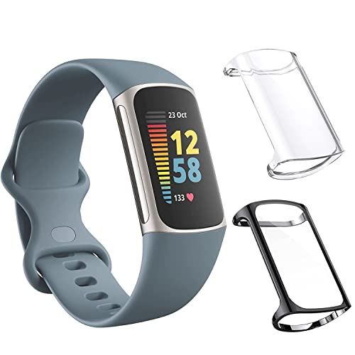 [2 Pack] Haotop �P�[�X Compatible for Fitbit Charge 6/Charge 5,TPU�����^�I�[�����E���h�ی�J�o�[ (�u���b�N+����)