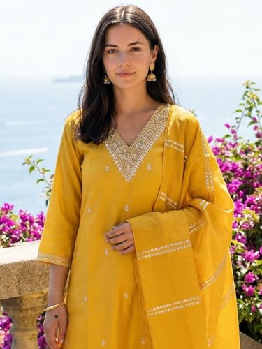 Image of INDO ERA Women's Silk Blend Embroidered Straight Kurta Pant with Dupatta Set