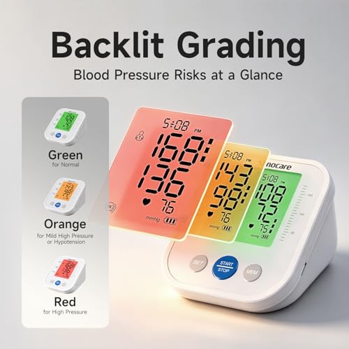 Image of Sinocare Upper Arm Blood Pressure Monitor, Automatic Digital BP Machine with 3-Color Backlit Display, 2 Users x 99 Memories, Large Cuff 8.6-16.5 inches, Irregular Heartbeat Detection