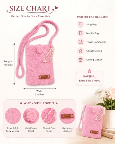 Image of Handmade Crochet Mobile Pouch for Women & Girls | Knitted Phone Holder with Wrist Strap | Cute Floral Aesthetic Mobile Cover Case | Soft Yarn Handmade Gift (Furrpink)