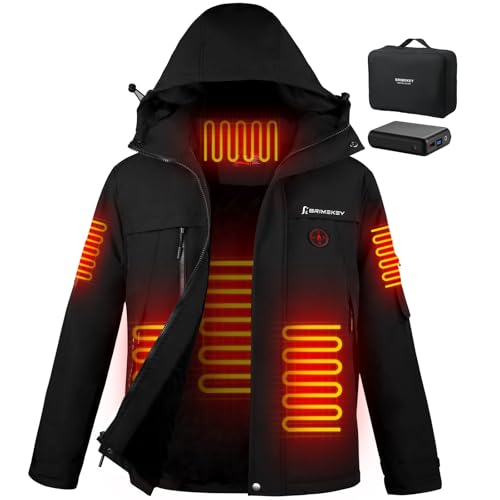 Brimekey Heizjacke für Herren mit Fleecefutter, Beheizbare Jacke mit 7.4V Akku, Wasserdicht Winddicht, 3 Heizstufen für Skifahren, Camping, Angeln