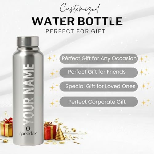 Image of Speedex Customised Engraved Name Stainless Steel Water Bottle 1 Ltr - Personalised Screw Cap Bottle for Kids, Men & Women, School, Office, Gym, Silver, Set of 1