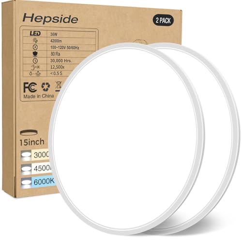 hepside 15.8INCH 2Pack Big Dimmable Flush Mount Ceiling Light Fixture White, 3CCT 3000/4500/6000K Ceiling Lamp, 36W 4200LM Super Bright Low Profile Light for Bedroom, Kitchen, Bathroom, Hallway by hepside - Used condition - US$45.05