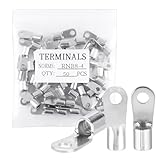 50 PCS Non-Insulated Ring Terminals, #8 Stud, AWG 8 Wire Lugs (6-10mm²), M4 Stud Size, Tinned Red Copper Crimp Connectors, for Automotive and Industrial Electrical Applications