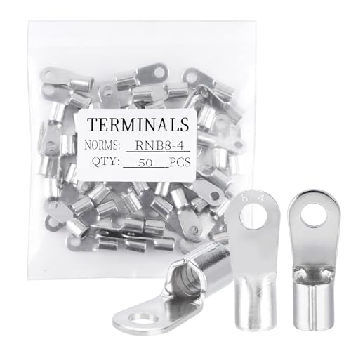 50 PCS Non-Insulated Ring Terminals, #8 Stud, AWG 8 Wire Lugs (6-10mm²), M4 Stud Size, Tinned Red Copper Crimp Connectors, for Automotive and Industrial Electrical Applications