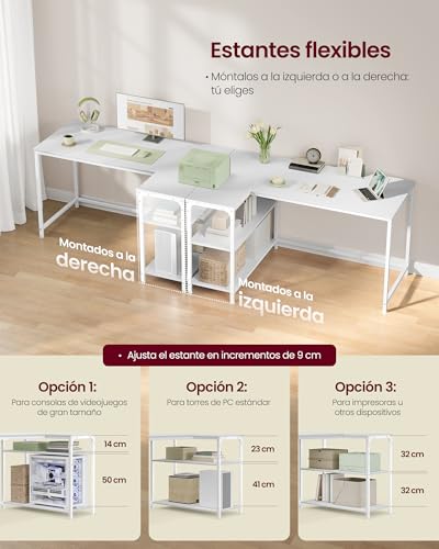 Miniatura 5 de Vasagle Escritorio En L, Escritorio Gaming Para Ordenador Con Estantería, Baldas De Altura Regulable, Estación De Trabajo Para Estudio Y Oficina, 120 X 80 Cm, Blanco Arce Lwd136wf01