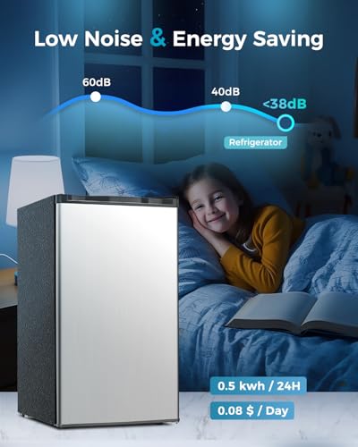 Image of Feelfunn Mini Fridge with Freezer - 3.2 Cu.Ft Single Door Mini Refrigerator with Adjustable Thermostat, Energy Saving, Low Noise, Small Fridge for Bedroom, Office, Dorm, Apartment, Classroom - Silver