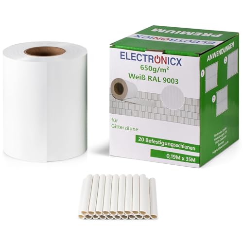 Electronicx Premium PVC Sichtschutzstreifen RAL 9003 Weiß | Hochwertige Zaunfolie Doppelstabmatten | 35m x 19 cm | 650g/m² | UV-beständig, extra langlebig, Blickdicht, inkl. 20 Befestigungsclips