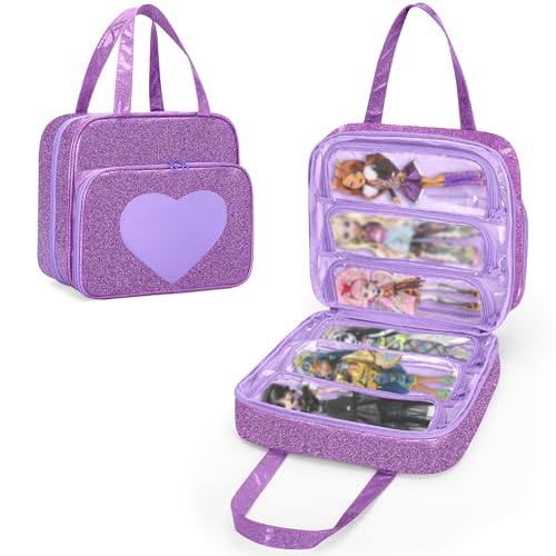 LoDrid Doll Case Compatible with Monster High Dolls with 6 Transparent Pockets for Display and Storage, Tote Bag with Front Pocket and Handle, Purple, Bag Only
