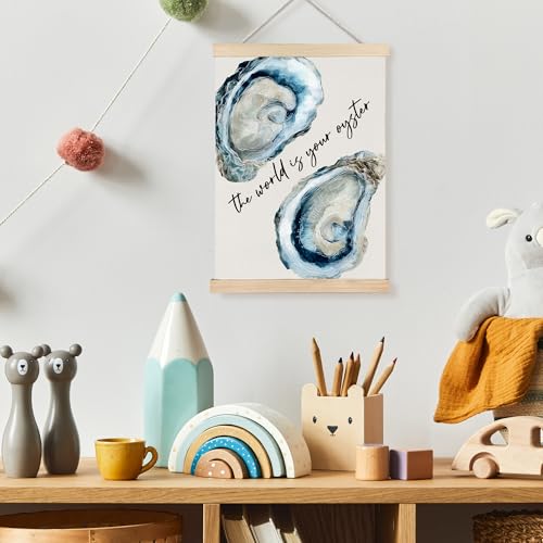 Image of PQKIY Coastal Beach Oyster Shell Wall Art Poster Hanger Frame 12x16 in, World Is Your Oyster Inspirational Ocean Wall Decor Canvas Prints for Beach Home Living Room Bedroom