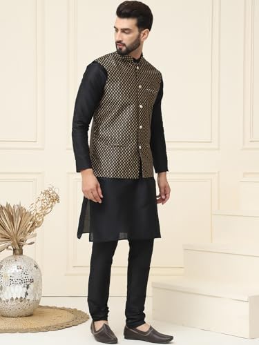 Sojanya (Since 1958 Men's Silk Blend Black Kurta Pyjama & Black Self Design Nehru Jacket Combo