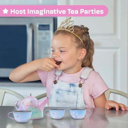 Jewelkeeper Tea Set for Little Girls - 15-Piece Tin Tea Party Set with Ballerina Design - Pretend Play Toy with Carrying Case - Ideal Gift for Kids, Includes Teapot, Cups, Saucers, Plates and Tray