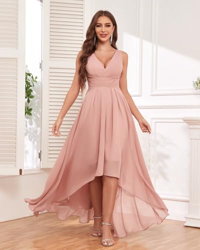 High Low Bridesmaid Dresses for Women Chiffon Long Formal Party Dress V Neck Evening Gowns2