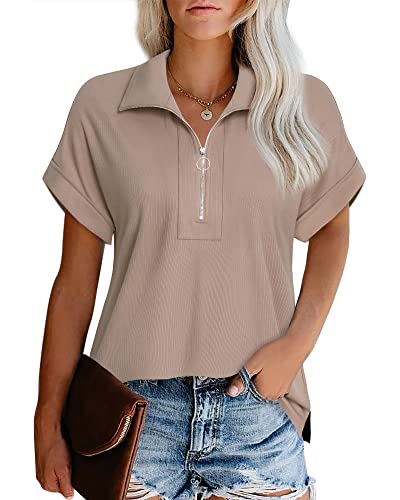 Vivilli Collared Tops For Women Work Casual Vintage V Neck Polo Blouses Short Sleeve Office Tops Dressy Tunics Blouse For Leggings Womens Work Clothes 2023 Zipper Collar Tunic Shirt Adobe Rose Large #TOP22