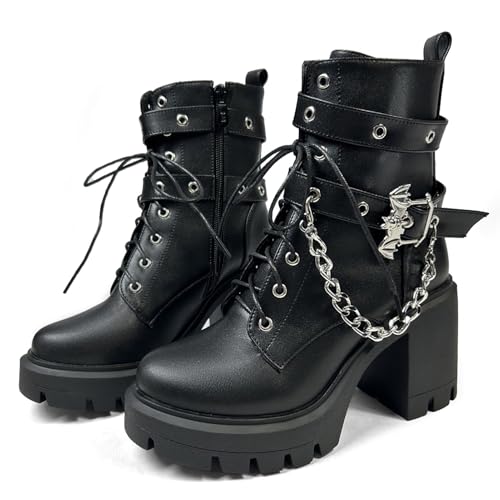 Image of FOREADA Goth Boots Chunky Heel Boot For Women Ankle Combat Booties Black Platform Bootie Buckle Rivets Punk Goth Shoes With Zipper